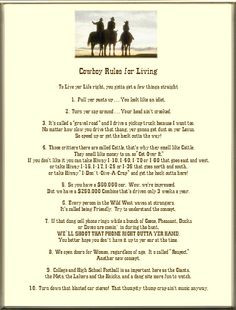 ... Keepsake Life's Lessons 8 x 10 or 8.5 x 11 Poem: Cowboy Rules For