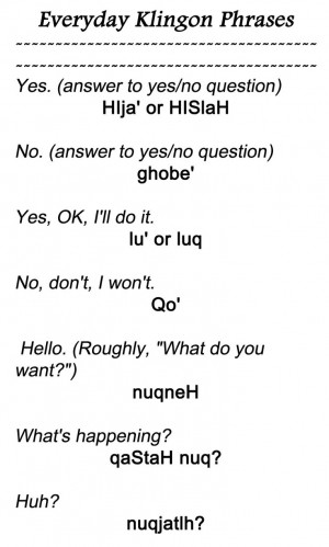 Everyday Klingon Phrases 1 from http://www.kli.org/tlh/phrases.html