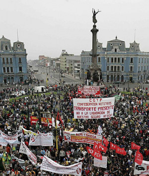 of demostrators during a rally at Dos de Mayo square in Lima, Peru ...