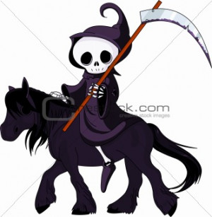 Image Description: Cute cartoon grim reaper with scythe riding black ...