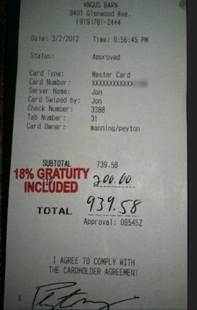 Peyton Manning leaves generous tip, server gets fired for posting a ...