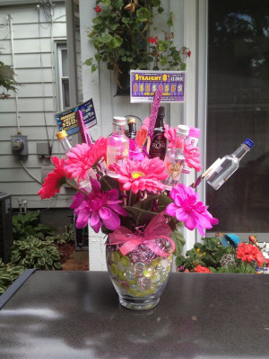 Bouquet with mini bottles of alcohol, flowers, lottery tickets, gum ...