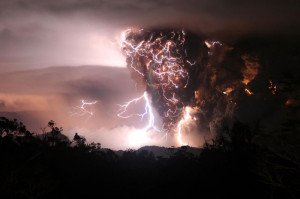 The Chaiten volcano erupting during storms in the middle of the night ...