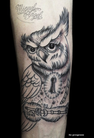 28 Owl and key lock custom tattoo