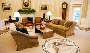 The new Oval Office features fawn-colored cotton velvet sofas, a mica ...