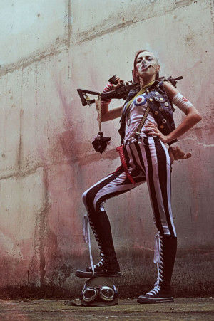 Tank Girl- Vest with pins, striped pants, suspenders, helmet with ...