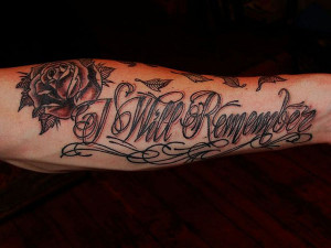 Red Rose And Quote Tattoo On Sleeve