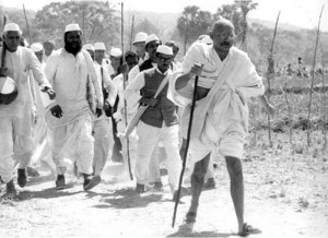 At 61 Gandhi begins the long march to the sea at Dandi to gather salt.