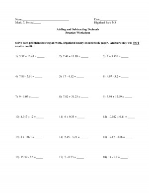 Adding and Subtracting Decimals Worksheet