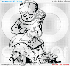 Clipart of a Retro Vintage Black and White Girl Sewing - Royalty Free ...