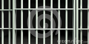 front view of white iron jail cell bars and a closed sliding bar ...