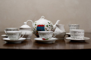 Jane Austen Tea Set - Hand painted, white teapot with vintage cups and ...