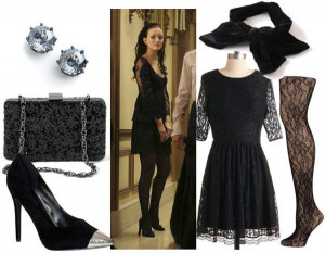... , black pumps, hair bow, lace tights, chain strap bag, stud earrings