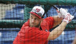 Washington Nationals’ Bryce Harper takes batting practice during a ...