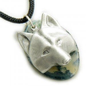 Photo of Protection Wolf Mask Amulet Green Moss Agate Pendant Necklace