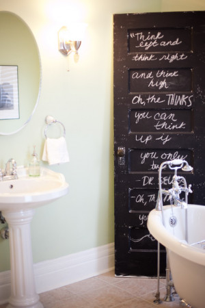 Arranging Round Mirror, Sconce & Cool Door Idea for Bathroom Design ...