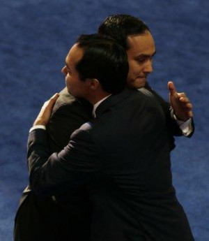 San Antonio Mayor Julian Castro, left, hugs his brother Joaquin Castro ...