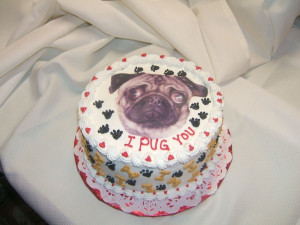 Photo of Maggie the Pug copied onto frosting sheet. Dog bones and paws ...