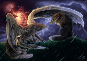 Umbrella Picture (2d, illustration, wolf, werewolf, nebula, rain, sky ...