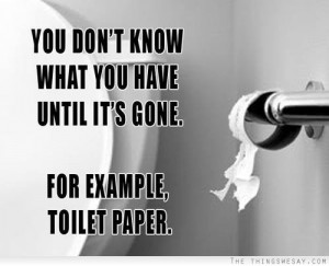 You don't know what you have until it's gone for example toilet paper