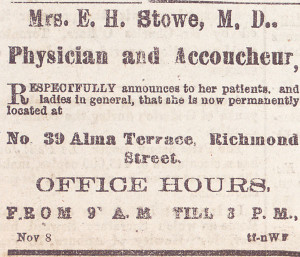 Dr. Emily Stowe's advertisement in THE GLOBE, November 11, 1867
