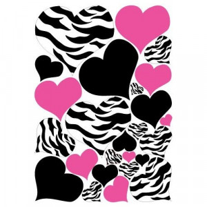 Zebra Print, Black and Hot Pink Heart Wall Stickers,decals, Graphics