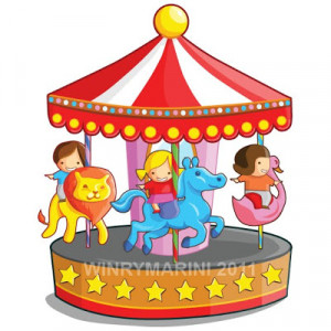 cute Merry go round (carousel) with children riding lion, horse and ...