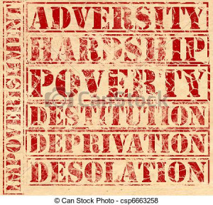words printed in red ink on parchment. Adversity, Hardship, Poverty ...