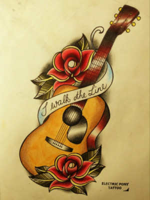 Johnny Cash tattoo — guitar, rose, “I walk the line”
