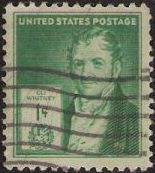 Green 1 cent U S postage stamp picturing Eli Whitney
