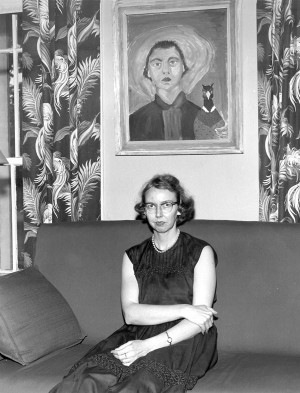 Flannery O'Connor (with self-portrait) in the living room at Andalusia ...