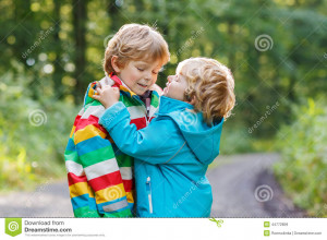 two-little-sibling-boys-colorful-raincoats-boots-walking-active-boy ...
