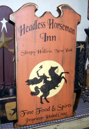 HEADLESS HORSEMAN INN PRIMITIVE HALLOWEEN SIGN SIGNS