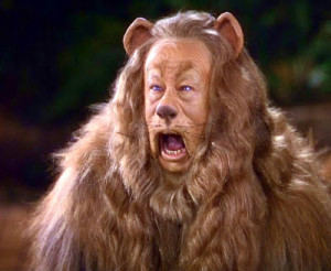 Cowardly lion in The Wizard of Oz (Click here for video)