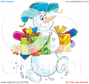 Clipart Illustration of a Jolly Snowman Wearing A Hat, Carrying Gifts ...