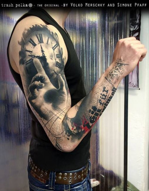 Sleeve tattoo - Big clock: Realistic Trash Polka Tattoo'S, Tattoo'S ...