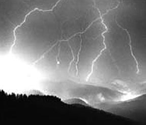 Multiple lightning strikes on hills. Courtesy of USDA Forest Service.