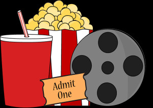 Cartoon drawing of a movie reel, popcorn and a drink.