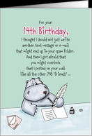 14th Birthday - Humorous, Whimsical Card with Hippo card - Product ...