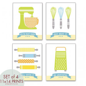 Cute Kitchen Quotes (Pattern Kitchen Prep Utensils) Set of 4 - 11x14 ...