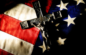 FAITH BEARS WITNESS--The US flag and a crucifix are pictured in an ...