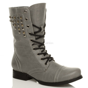 Details about WOMENS MILITARY ARMY GREY STUDDED COMBAT BOOTS SIZE