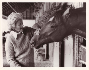Penny Chenery and Secretariat at the barn at Belmont Park, 1973
