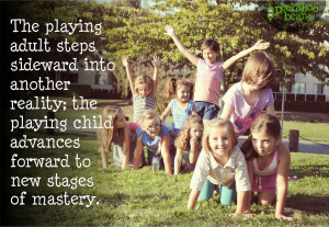 The playing adult steps sidewards into another reality