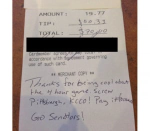 Hockey fan leaves waitress generous tip thanks to Penguins loss