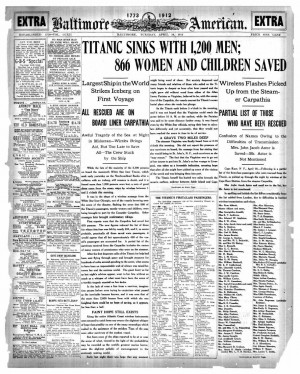 Baltimore American: Newspaper Cutting Titanic Sank