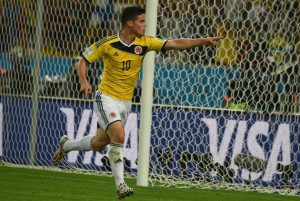 Colombia's midfielder James Rodriguez celebrates scoring the winning 2 ...