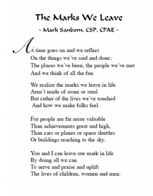 Marks We Leave Poem by Mark Sanborn