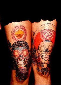 Feminine Skull Tattoo On Both Legs