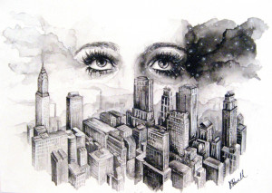 Black watercolour paint and white pencil on paper.